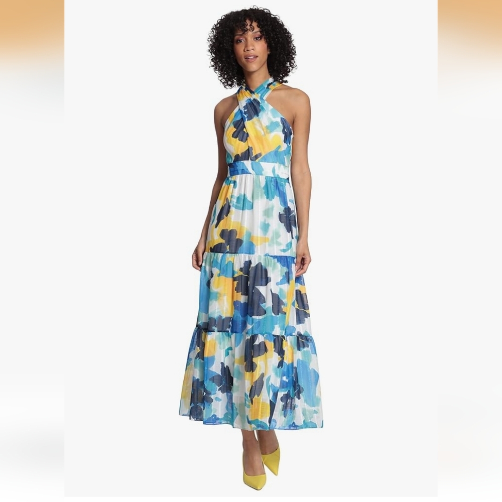 Maggy London Women's Sleeveless Criss Cross Halter Neck Tiered Maxi Dress NWT 12